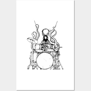 Octopus plays drums black / white version Posters and Art